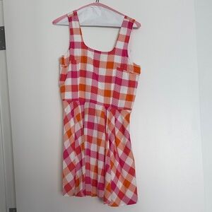 Sleeveless Pink & Orange Gingham Mini Dress with matching sash